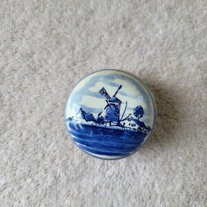 Delft Blue Holland Windmill Mini Trinket Box With Lid Hand Painted 3” Round GUC